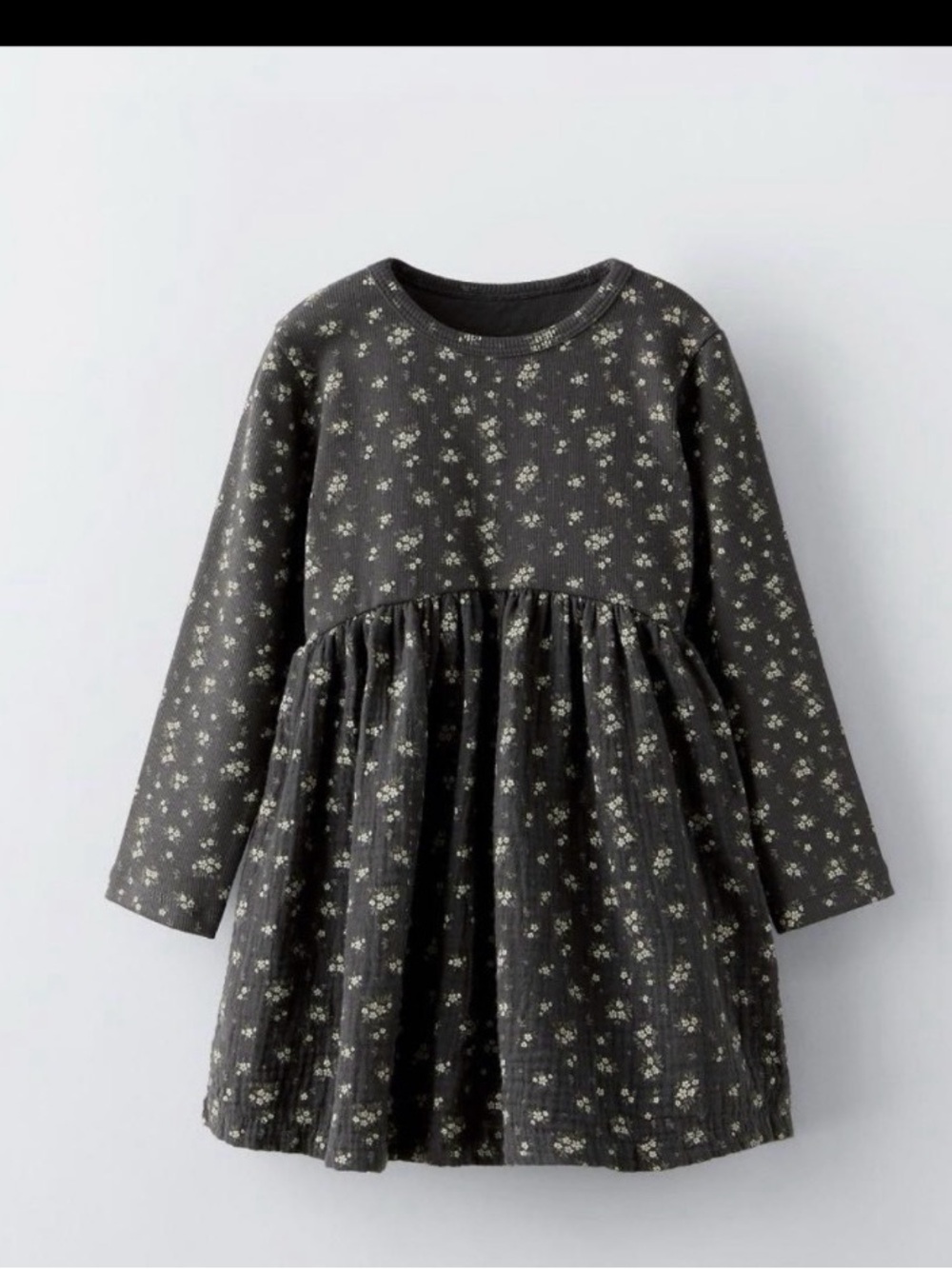 Zara Girls' Dark Gray Floral Long-Sleeve Dress